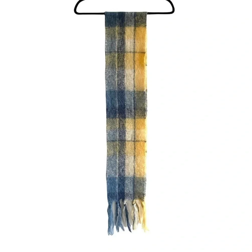 ST ALBANS Australia Pure Mohair Wool Plaid Winter Scarf Yellow Blue Cream